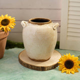 Vase en grès, style urne, à glaçure réactive blanche à effet vieilli, avec double anse