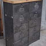 Vintage Roneo industrial console table with 10 drop-down drawers, circa 1950, solid oak top