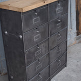 Vintage Roneo industrial console table with 10 drop-down drawers, circa 1950, solid oak top