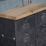 Vintage Roneo industrial console table with 10 drop-down drawers, circa 1950, solid oak top