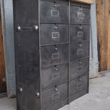 Vintage Roneo industrial console table with 10 drop-down drawers, circa 1950, solid oak top