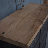 Vintage Roneo industrial console table with 10 drop-down drawers, circa 1950, solid oak top