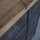 Vintage Roneo industrial console table with 10 drop-down drawers, circa 1950, solid oak top