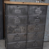 Vintage Roneo industrial console table with 10 drop-down drawers, circa 1950, solid oak top