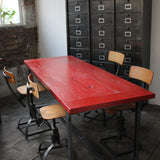 Table ou bureau metal industriel militaire plateau bois vernis rouge