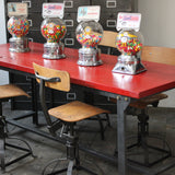 Table ou bureau metal industriel militaire plateau bois vernis rouge