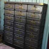 Antique large industrial cabinet with 21 compartments and hinged doors, Strafor brand, circa 1920