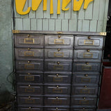 Antique large industrial cabinet with 21 compartments and hinged doors, Strafor brand, circa 1920