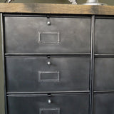 Vintage Roneo industrial console table with 10 drop-down drawers, circa 1950, solid oak top