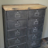 Vintage Roneo industrial console table with 10 drop-down drawers, circa 1950, solid oak top