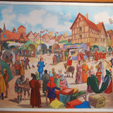 Ancienne affiche scolaire 2 faces: St Louis le roi juste - Une foire au moyen age