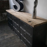 9-compartment industrial sideboard, military workshop style, solid old oak top