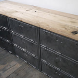 9-compartment industrial sideboard, military workshop style, solid old oak top