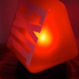 Exit USA Lamp, red opaline glass, metal base