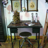 Industrial desk table with printed characters on top