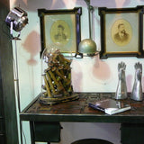 Industrial desk table with printed characters on top