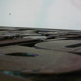 Industrial desk table with printed characters on top