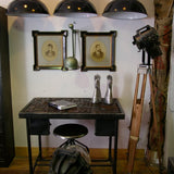 Industrial desk table with printed characters on top