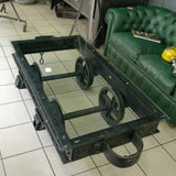 grande Table basse metal industrielle wagon de mine plateau verre