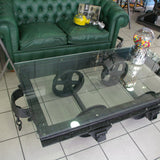 grande Table basse metal industrielle wagon de mine plateau verre