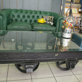 grande Table basse metal industrielle wagon de mine plateau verre