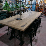 grande table industrielle plateau bois ancien chene massif pietement fonte