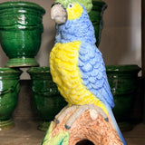 Vase en céramique avec perroquet bleu et jaune sur perchoir