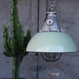 Green enameled lampshade pendant light, industrial grid lamp