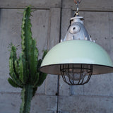 Green enameled lampshade pendant light, industrial grid lamp