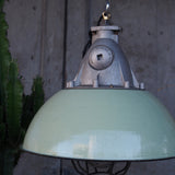 Green enameled lampshade pendant light, industrial grid lamp