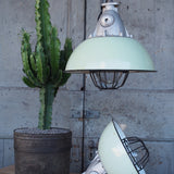 Green enameled lampshade pendant light, industrial grid lamp