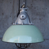 Green enameled lampshade pendant light, industrial grid lamp