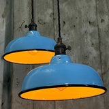 Suspension, lampe industrielle en tôle émaillée bleu clair – luminaire abat jour atelier