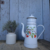 antique enameled coffee pot with fruit decoration