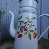 antique enameled coffee pot with fruit decoration