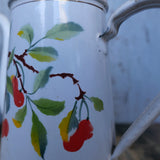 antique enameled coffee pot with fruit decoration
