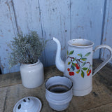 antique enameled coffee pot with fruit decoration