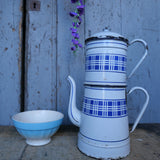 antique enameled coffee pot with blue checkered decoration