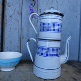 antique enameled coffee pot with blue checkered decoration