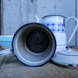 antique enameled coffee pot with blue checkered decoration