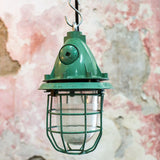 Green industrial pendant lamp with glass and grid