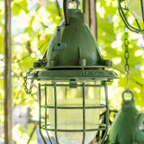Green industrial pendant lamp with glass and grid