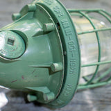 Green industrial pendant lamp with glass and grid