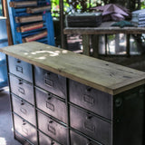 ancien meuble console 12 casiers industriel a clapet Roneo 1950 plateau chene massif