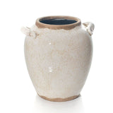 Vase en grès, style urne, à glaçure réactive blanche à effet vieilli, avec double anse