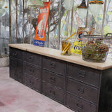 enfilade industrielle 12 compartiments atelier militaire plateau vieux chene massif