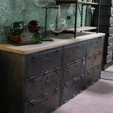 9-compartment industrial sideboard, military workshop style, solid old oak top