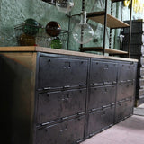 9-compartment industrial sideboard, military workshop style, solid old oak top