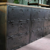 9-compartment industrial sideboard, military workshop style, solid old oak top