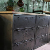 9-compartment industrial sideboard, military workshop style, solid old oak top